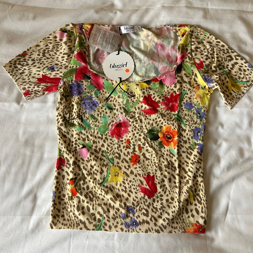 Blugirl Floral Leopard Print Short Sleeve Top